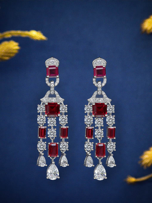 Red [e 0407] 925 Sterling Silver High Carbon Diamond Tanzanian Ruby Pagoda Luxury Drop Earring